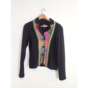 Bets by Canvasback XS Button Front Cardigan Sweater Black Green Ornate Art Wool